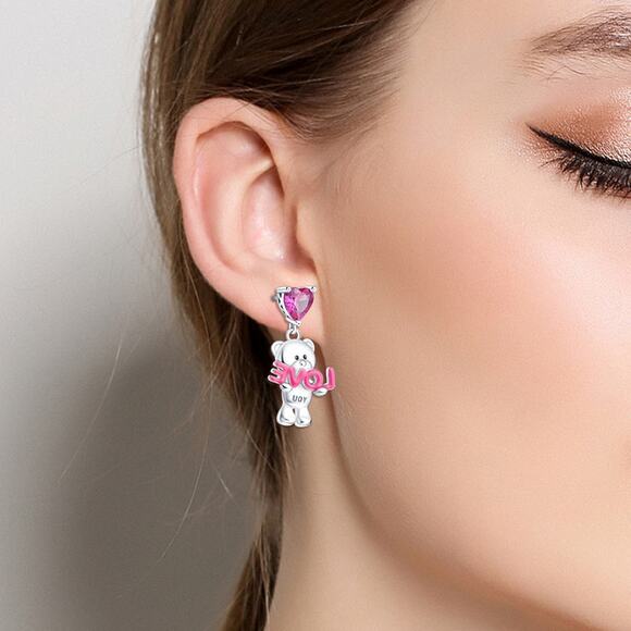 Sterling Silver Teddy Bear Heart Pink Zircon Drop Earrings - S925 - Picture 2 of 5